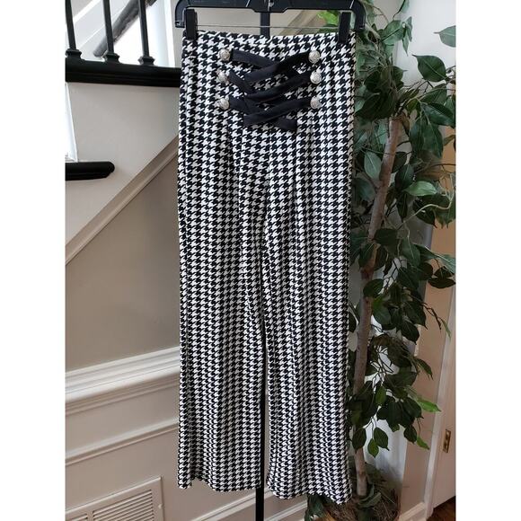 Women's Trouser Pants Small White Black Houndstooth Wide Leg Criss Cross Detail - Picture 2 of 8